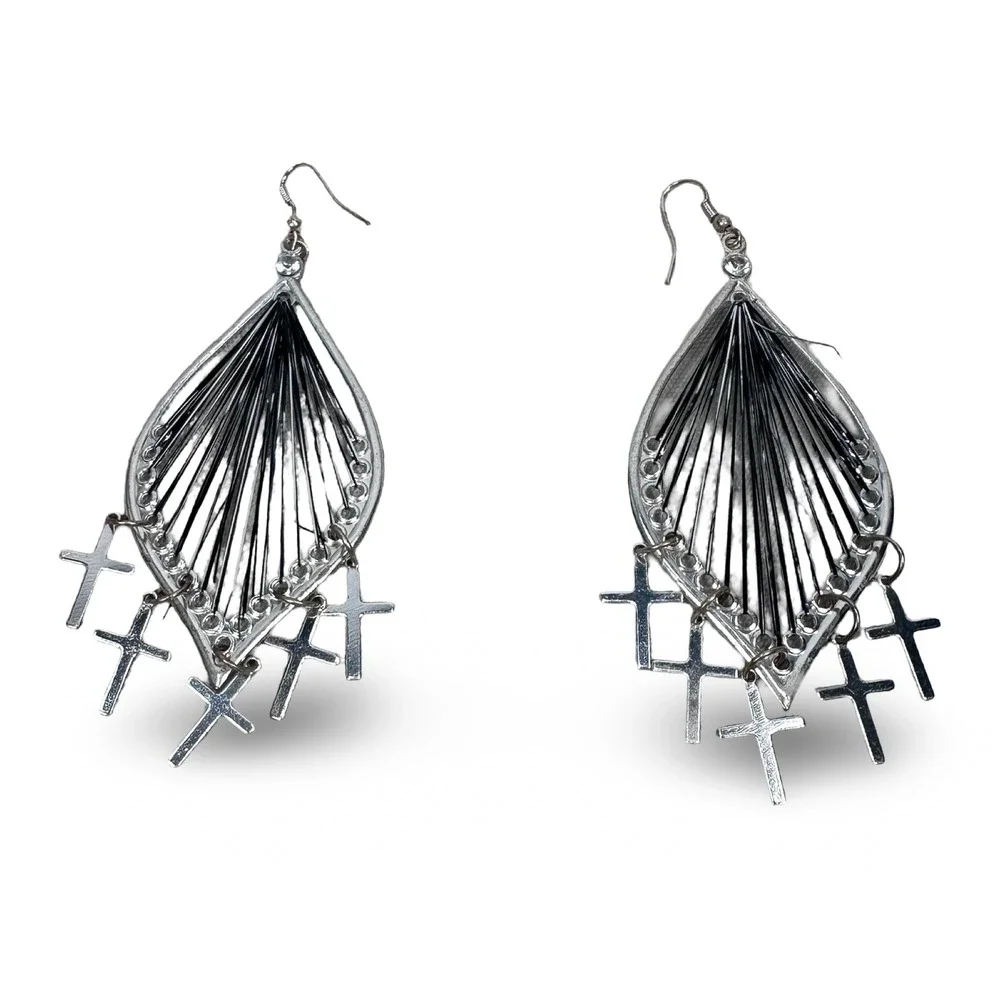 Silver Black Thread Teardrop Dangle Earrings with Cross Charms Gothic Punk Style